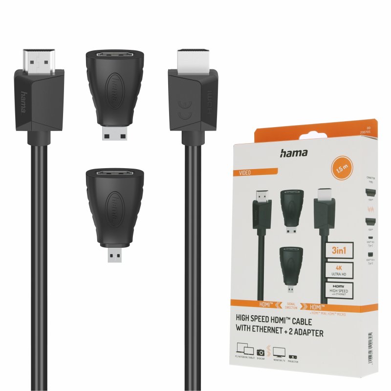 Hama Kabel HDMI 2.0b 4k, 1,5m +adapter mini/micro HDMI, czarny